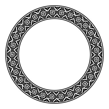 Basamaklı spiral motif, daire şeklinde. Dekoratif dairesel sınır, İnka tarzında açısal spirallerle. Siyah ve beyaz çizimler, beyaz arka planda izole. Vektör.