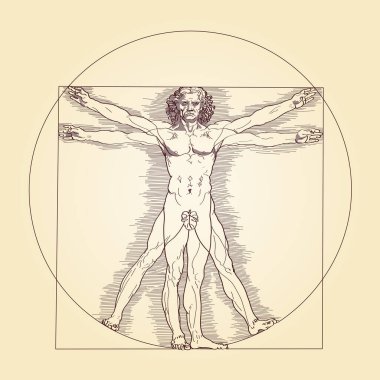 Vitruvius 'lu, incir yaprağıyla. Doğa, evren ve geometri ile mükemmel insan orantılarının betimlenmesi. Çemberin ortasında duran bir adam çemberin karesine atıfta bulunur..