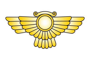 Tanrı Ashur 'un kanatlı güneş amblemi, kanatlı bir güneş diski. Ayrıca Mezopotamya dininin Asurlu mitolojisinin ana tanrısı ve Mezopotamya şehri Assur 'un şehir tanrısı Ashshur olarak da hecelenir..