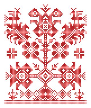 Dünya Ağacı, Slav nakış süsü ve desen. Cenneti, karasal dünyayı ve yeraltı dünyasını birbirine bağlayan devasa bir ağacın sembolü. Folk dikiş motifinin eski bir örneği. Vektör