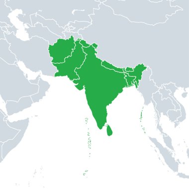 Güney Asya siyasi haritası. Asya 'nın güney kesimi, coğrafi ve etnik-kültürel terimlerle tanımlanır. Afganistan, Bangladeş, Butan, Hindistan, Maldivler, Nepal, Pakistan ve Sri Lanka.