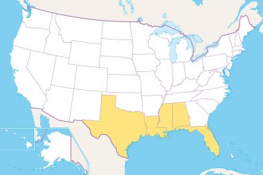 Birleşik Devletler Körfezi, Güney Körfezi ya da Güney Kıyısı, siyasi harita. Güney Amerika Birleşik Devletleri boyunca Meksika Körfezi 'nde kıyı şeridi. Teksas, Louisiana, Mississippi, Alabama ve Florida. Vektör