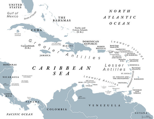 Карибское море и его острова, серая политическая карта. Карибский регион, субрегион Северной и Южной Америки, с Вест-Индией, компрометирующий независимые островные страны и зависимости в трех архипелагах.
