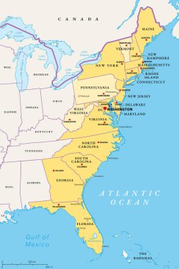 Amerika Birleşik Devletleri 'nin doğu ya da Atlantik kıyıları, siyasi harita. Atlantik Okyanusu 'nun kıyı şeridi sarı renklerle vurgulanmış doğu kıyısı eyaletleri açık sarı ile doğu kıyısının bir parçası olarak kabul ediliyor..