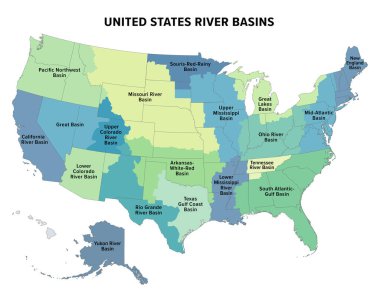 Amerika Birleşik Devletleri büyük nehir havzaları, politik harita. Farklı renklerde on dokuz büyük nehir havzası. ABD 'nin silueti ile haritada ayrıca eyaletlerin sınırları da gösterilir..