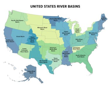United States major river basins, political map. Nineteen major river basins, highlighted in different colors. Map with the silhouette of the USA, also showing the borders of the individual states. clipart