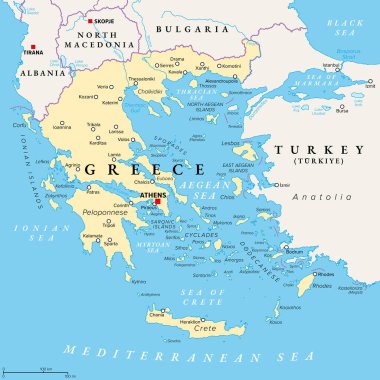 Yunanistan, Yunanistan Cumhuriyeti, siyasi harita. Güneydoğu Avrupa ülkesi, başkent Atina ile Balkan yarımadasının güney ucunda yer alıyor. Ege, İyon ve Akdeniz ile sınır komşusuyum..