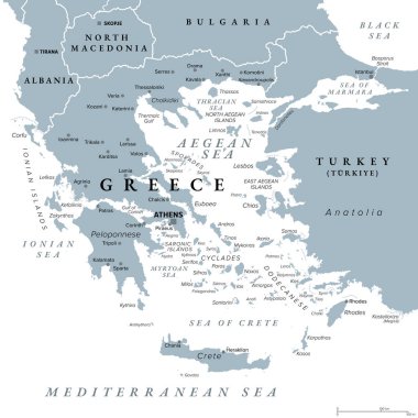 Yunanistan, Yunanistan Cumhuriyeti, gri siyasi harita. Güneydoğu Avrupa 'da Balkan yarımadasının güney ucunda, başkent Atina ile birlikte. Ege, İyon ve Akdeniz ile sınır komşusuyum..