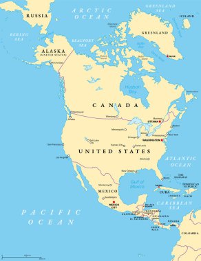 Kuzey Amerika, politik harita. Güney Amerika, Karayip Denizi, Arktik, Atlantik ve Pasifik Okyanusu ile sınırlıdır. En büyük ülkeler Kanada, Amerika Birleşik Devletleri ve Meksika 'dır..