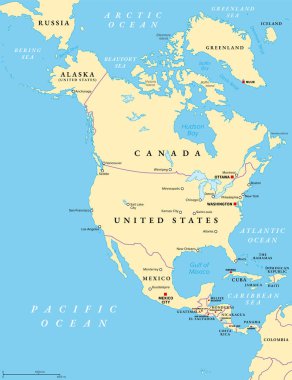 North America, political map. Continent bordered by South America, the Caribbean Sea, and by the Arctic, Atlantic and Pacific Ocean. The largest countries are Canada, the United States, and Mexico. clipart