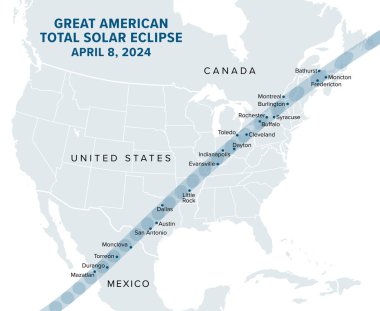 Büyük Amerikan Toplam Güneş tutulması, 8 Nisan 2024 'te, politik harita. Kuzey Amerika boyunca görünen, Meksika, ABD ve Kanada üzerinden geçen, bütünlük yolunda büyük şehirler. Vektör.
