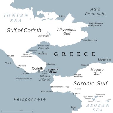 Corinth Kanalı, Yunanistan 'da yapay su yolu, gri siyasi harita. Korint Körfezi 'ni Saronik Körfezi' ne, İyon Denizi 'ni Ege Denizi' ne bağlayan Atlas Yarımadası 'nı Mora Yarımadası' ndan ayıran.