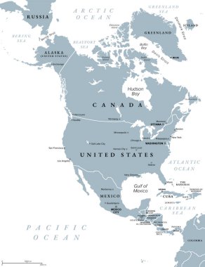 North America, gray political map. Continent bordered by South America, Caribbean Sea, and by the Arctic, Atlantic and Pacific Ocean. The largest countries are Canada, the United States, and Mexico. clipart