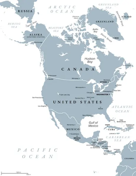 Észak Amerika Szürke Politikai Térkép Dél Amerika Karib Tenger Valamint — Stock Vector
