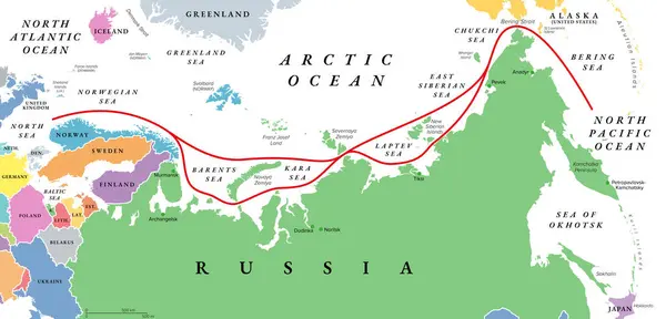 Северо Восточный Проход Нэп Включая Северный Морской Путь Политическая Карта — стоковый вектор