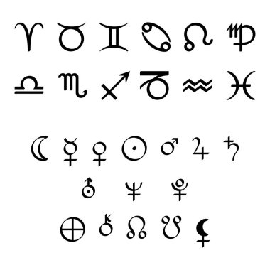 Burç işaretleri ve astrolojinin gezegen sembolleri. 12 burç işareti, 10 grafiksel gezegen sembolü, ve Chiron, True Lilith, yükselen ve alçalan düğümler için işaretler, kaligrafik tarzda..