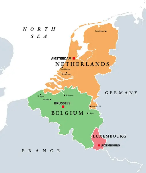 Benelux Államok Benelux Unió Politikai Térkép Európai Államok Belgium Hollandia — Stock Vector