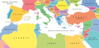 Akdeniz Havzası, farklı renkli ülkelerle siyasi harita. Güney Avrupa, Kuzey Afrika ve Yakın Doğu ülkeleri ile Akdeniz ve bölge. İzole bir illüstrasyon. Vektör.
