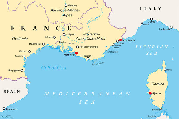 Southern France coastline, political map. Southernmost part of France, that border the Mediterranean Sea. Map with part of Occitania, Provence, French Riviera, Corsica, and with most important cities.