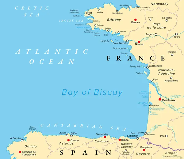 Biscay Körfezi, Gascony Körfezi olarak da bilinir, politik harita. Kuzeydoğu Atlantik Okyanusu Körfezi, Kelt Denizi 'nin güneyi, Fransa' nın batı kıyısı ve İspanya 'nın kuzey kıyıları boyunca uzanır..