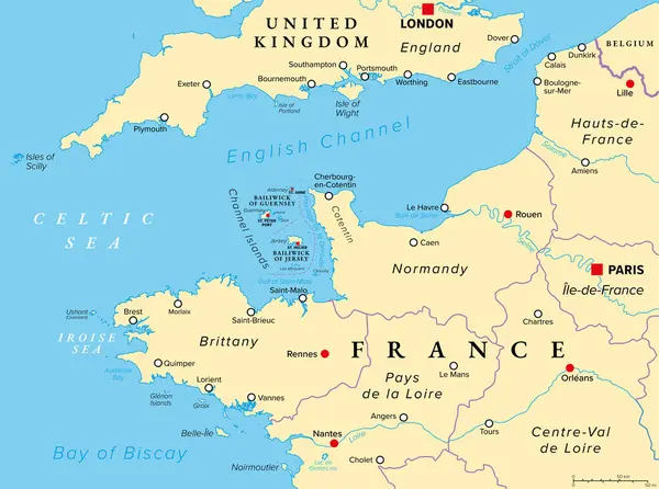 Észak Franciaország Politikai Térkép Franciaország Egyesült Királyság Partvonala Manche Csatorna — Stock Vector