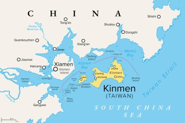 Kinmen, Quemoy olarak da bilinir, politik harita. Tayvan, Çin Cumhuriyeti tarafından yönetilen adalar grubu, Çin 'in güneydoğu kıyısında yer alan Xiamen şehrinin sadece 10 km doğusunda..