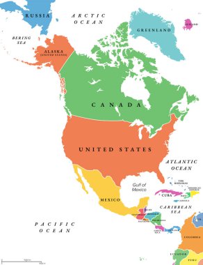 Kuzey Amerika ülkeleri, politik harita. Güney Amerika, Karayip Denizi, Arktik, Atlantik ve Pasifik Okyanusu ile sınırlıdır. Kanada, Amerika Birleşik Devletleri, Meksika, vs. Çok renkli illüstrasyon.