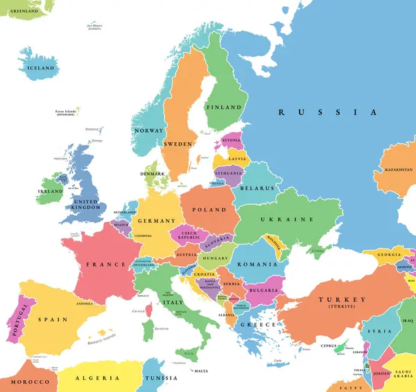 Európa Közel Keleti Országok Egy Részével Politikai Térkép Eurázsia Kontinens — Stock Vector