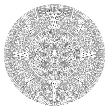 Aztec Sun Stone. At the center of the disc appears the glyph called movement with the face of solar deity Tonatiuh, surrounded by the 20 day signs. At the top 13-Reed, the year of the Fifth Sun, 1479. clipart