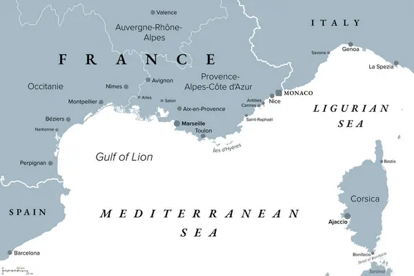 Südfranzösische Küste Graue Politische Landkarte Südlichster Teil Frankreichs Der Das — Stockvektor