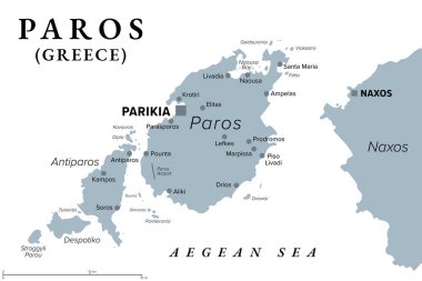 Paros, Yunan adası, gri politik harita. Yunanistan 'ın Ege Denizi' nde, Naxos 'un batısında ve Cyclades' in bir kısmında. Antiparos, Despotiko ve Stroggyli adaları batıda. İllüzyon. Vektör