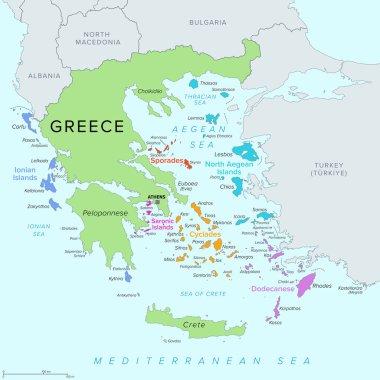 Yunanistan Adaları, siyasi harita. Yunan ada grupları ve kümeleri. Ege Denizi 'nde yer alan Cyclades, Dodecanese, Sporades, Kuzey Ege ve Saronik Adaları, İyon Denizi' ndeki İyon Adaları.