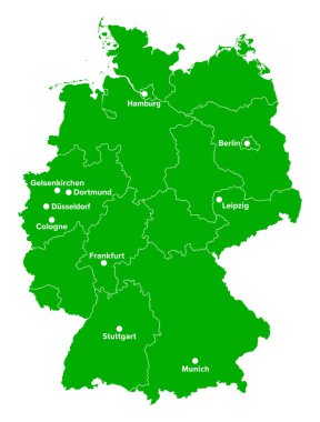 Almanya, futbol sahasının yeşil renginde politik harita. 2024 Avrupa Şampiyonası 'nın Alman futbol şehirleri, federal devletlerin yeşil ülke şekilli ve beyaz sınırlarıyla haritada gösterilmiştir..