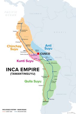 İnka İmparatorluğu, Suyus 'la harita, sahil ve dağ tarafındaki ana yollar. Tawantinsuyu 'nun Chinchay, Anti, Kunti ve Qulla Suyu adlı dört bölgesel bölgesi, merkez ve başkentte bir araya geldi..
