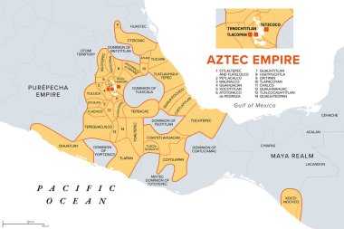 Aztek İmparatorluğu 'nun kolları bağlı eyaletler, Üçlü İttifak' ın maksimum genişliği, tarih haritası. İspanyol fethi sırasında Tenochtitlan, Tetzcoco ve Tlacopan, 1519. Günümüzde devlet ve ülke sınırları.