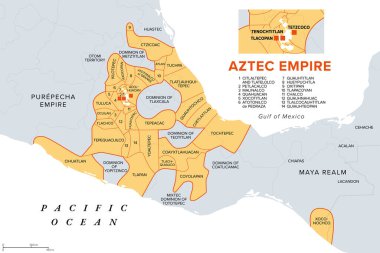 Aztec Empire with tributary provinces, maximum extent of Triple Alliance, history map. Tenochtitlan, Tetzcoco and Tlacopan at the time of Spanish conquest, 1519. With today state and country borders. clipart