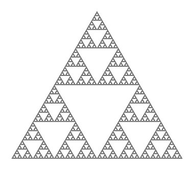Sierpinski üçgeni, bir düzlem fraktal, yedinci yineleme adımı. Bir üçgenle başlayıp dört küçük üçgene bölünerek merkezi üçgeni ortadan kaldıracağız. Her küçük üçgende ikinci adım tekrarlanıyor.