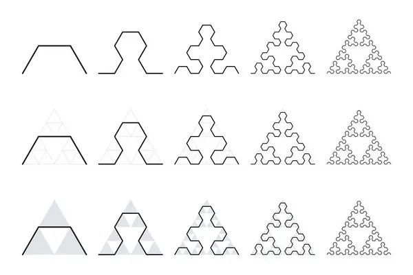 시에르핀스키 화살표 머리의 프랙탈 시에르핀스키 삼각형에 덧붙여진 행에서 곡선을 개발하는 — 스톡 벡터