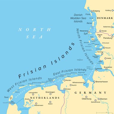 Frisian Islands, political map. Wadden Sea Islands, archipelago at North Sea in Europe, stretching vom Netherlands through Germany to Denmark. The islands shield the mudflat region of the Wadden Sea. clipart