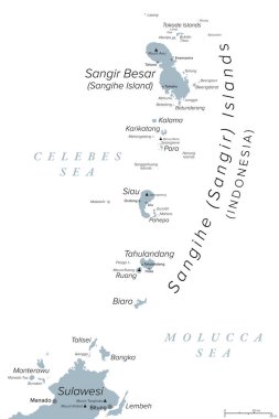 Sangihe Islands, an Indonesian archipelago, gray political map. Also Sangir, Sanghir or Sangi Islands, north of Sulawesi, between Celebes and Molucca Sea, with active volcanoes Mt. Awu and Mt. Ruang. clipart