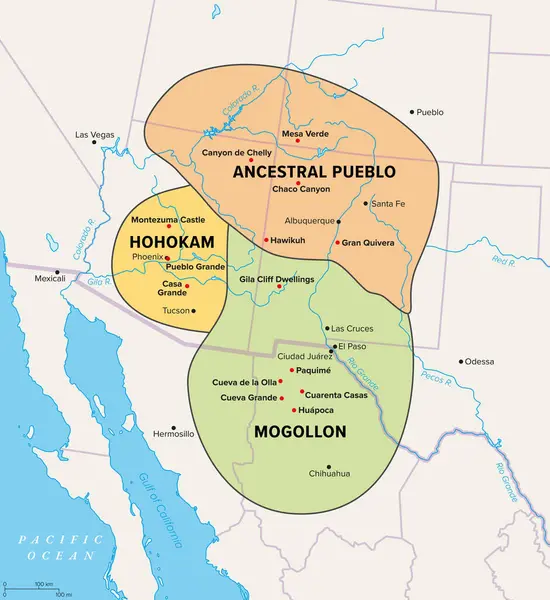 Oasisamerica 원주민의 국경을 남서부와 멕시코 문화의 범위를 보여주는 — 스톡 벡터