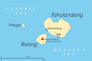 Ruang, aktif bir Endonezya volkanik adası, politik harita. Sangihe Adaları 'ndaki en güneydeki stratovolcano, Kuzey Sulawesi, Endonezya. Tahulandang adasının güneybatısında yer almaktadır..