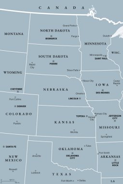Birleşik Devletler 'in Büyük Ovalar Bölgesi, gri politik harita. Bazen Ovalar, Kuzey Amerika 'da Rocky Dağı ile Orta Batı Bölgesi arasında bulunan geniş bir düzlüktür..