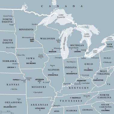Birleşik Devletler 'in orta batı bölgesi, gri politik harita. Amerika Birleşik Devletleri ya da Amerika Birleşik Devletleri, Büyük Göller 'in güneyinde, Orta Atlantik, Güney ve Büyük Ovalar ile çevrili bir coğrafi bölge..
