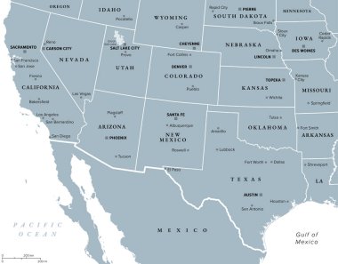 Birleşik Devletler 'in güneybatı bölgesi, gri politik harita. Amerika 'nın güneybatı eyaletleri, basitçe güneybatı. Coğrafi ve kültürel bölge, Meksika sınırında. Arizona, New Mexico, Nevada ve Teksas.