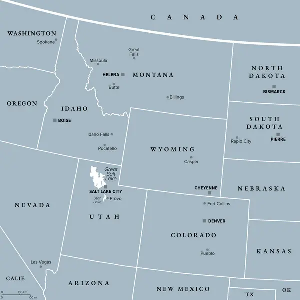 Rocky Mountain Região Dos Estados Unidos Mapa Político Cinza Montanhas —  Vetores de Stock