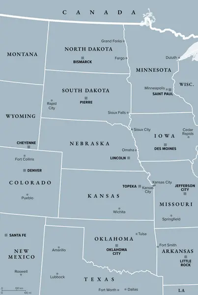 Region Wielkich Równin Stanów Zjednoczonych Szara Mapa Polityczna Czasami Prostu — Wektor stockowy
