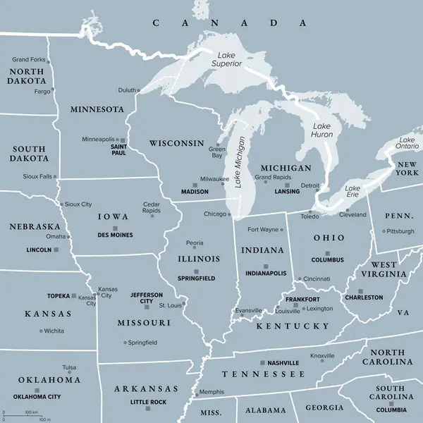 Mellanvästern Regionen Usa Grå Politisk Karta Mellanvästra Förenta Staterna Eller — Stock vektor