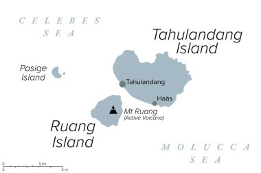 Ruang, an active Indonesian volcanic island, gray political map. Southernmost stratovolcano in the Sangihe Islands arc, North Sulawesi, Indonesia. Located southwest of the nearby island Tahulandang. clipart