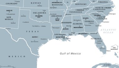 Körfez Eyaletleri, aynı zamanda Körfez Güney veya Güney Kıyısı olarak da bilinir, politik harita. Güney Amerika Birleşik Devletleri boyunca Meksika Körfezi 'nde kıyı şeridi. Teksas, Louisiana, Mississippi, Alabama ve Florida.